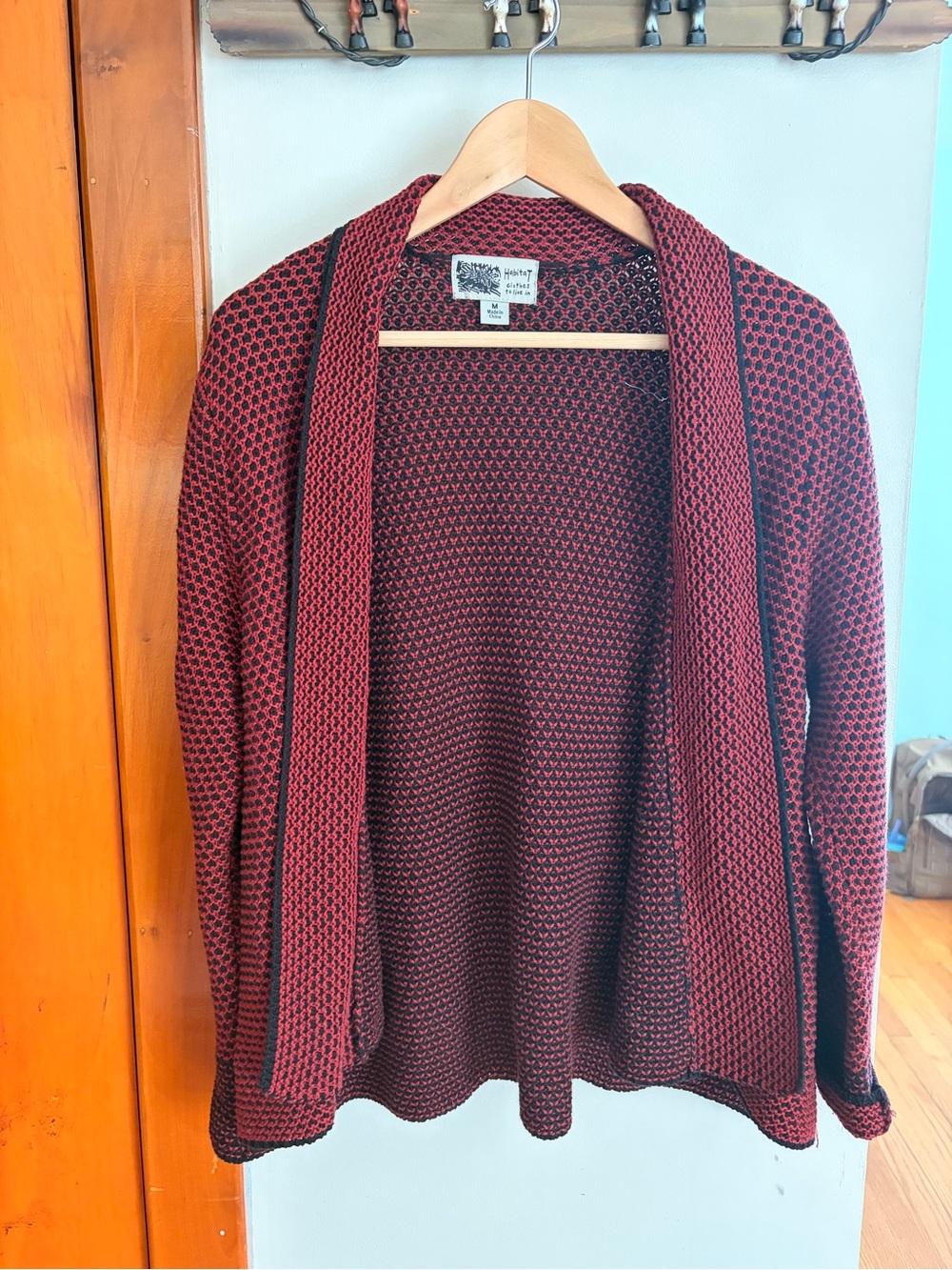Habitat Two-Tone Knit Open Cardigan in Burgundy and Black
